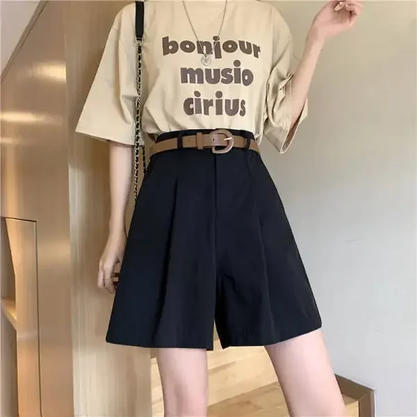 Women\' Summer Casual Shorts 2025 New Streetwear with Belt Cotton Wide Leg Shorts Female High Waist Straight Knee Length Pants