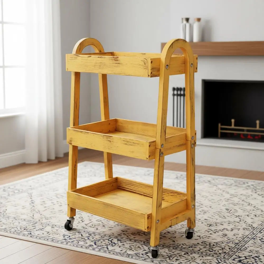 

Трехъярусная деревянная тележка на колесах — универсальная тележка для кухни, офиса и детской комнаты (ретро-желтый)