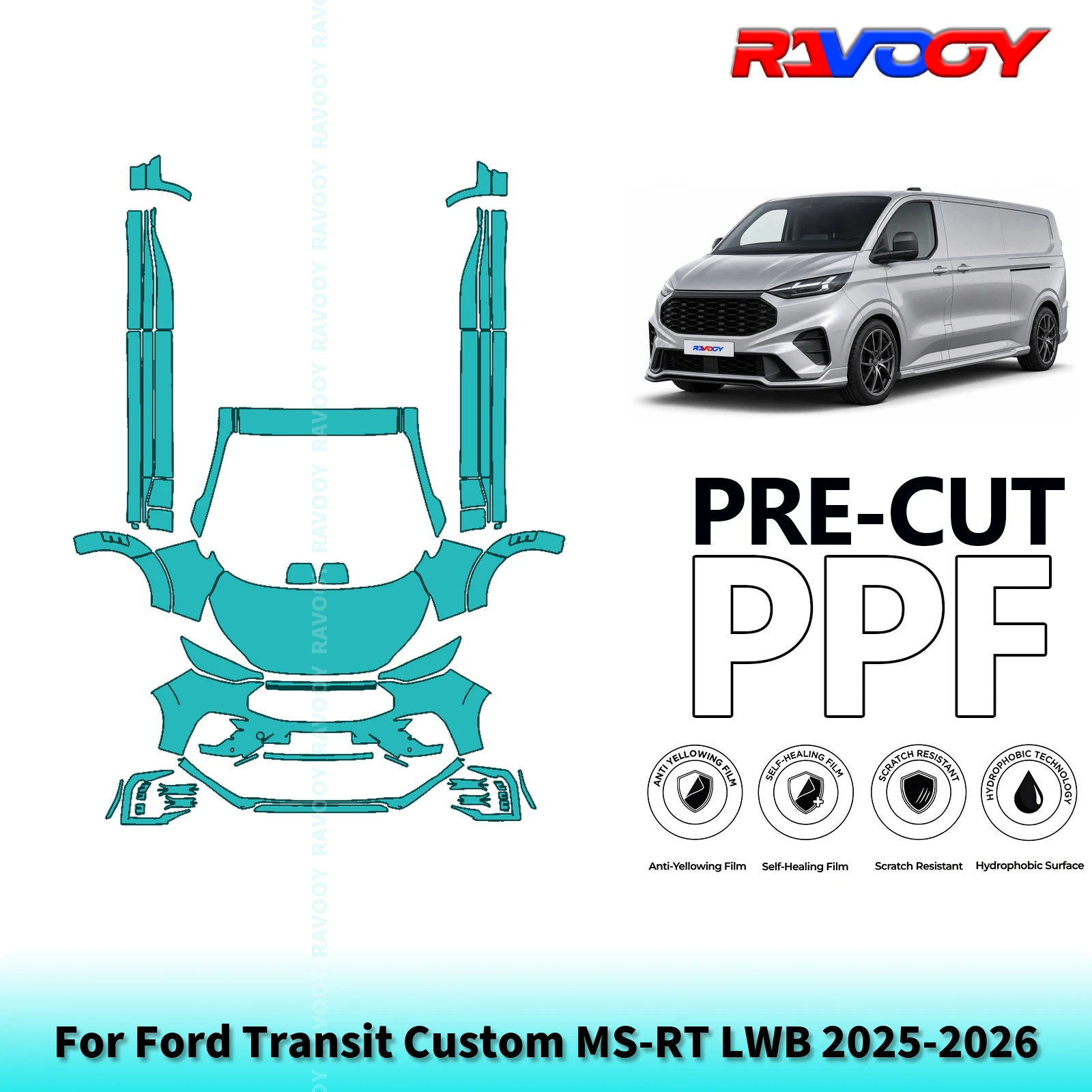 For Ford Transit Custom MS-RT LWB 2025-2026 Full Front+Rockers 8.5Mil Pre-Cut Paint Protection Film PPF Kit | Clear/Matte/Black
