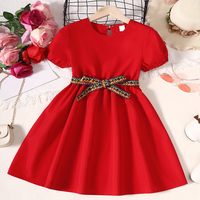 Summer Cute Girl Short Sleeved Princess Dress Children's Leisure Wedding Birthday Party Girl Detachable Belt Red Fluffy Dress