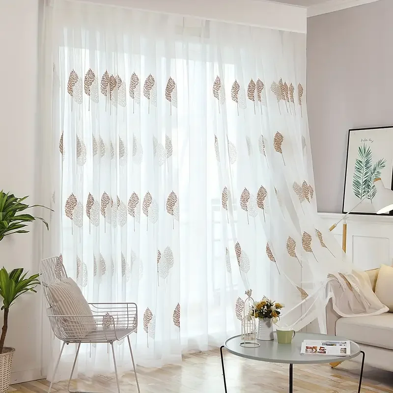 Transparenter Vorhang mit Blatt-Stickerei im nordischen Stil, staubdichter Polyesterstoff mit UV-Schutz, lichtblockierende transparente Fensterdekoration