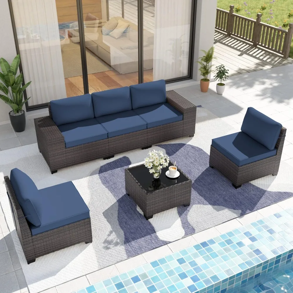 

6 Pieces Patio Furniture Set, Rattan Outdoor Conversation Sets W/4 Inch Cushion And Glass Coffee Table(navy Blue)