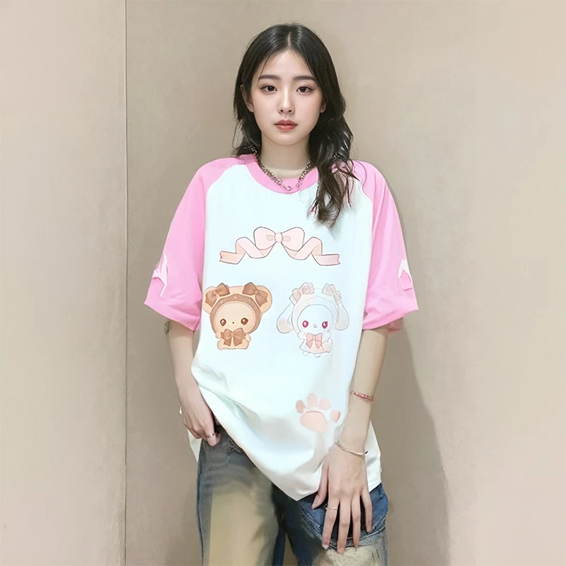 Y2k women clothing Rabbit Cute Pink Kawaii T-shirt Patchwork Short Sleeve Tops 2024 Loose Harajuku Subculture Chic Sweet Tees