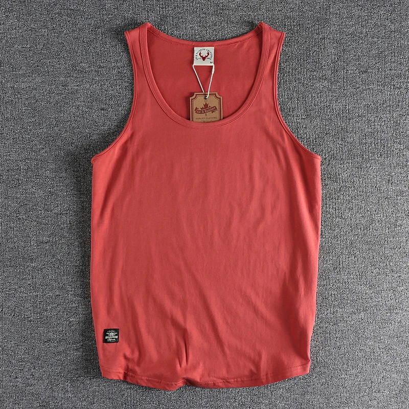 Summer New American Sleeveless O-neck Solid Color T-shirt Men\'s Fashion 100% Cotton Washed Casual Sports Fitness Basketball Vest