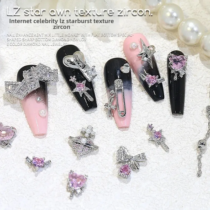 LZ Star Fluorite Nail Art Accessories Wholesale Heart Chain Bow Pink Rhinestone Nail Decorations Glitter Powder Nail Polish