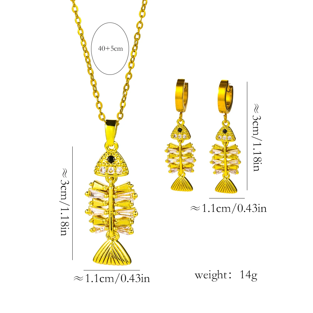 New 18K Gold Plated Zircon Crystal Fishbone Necklace Earrings For Women Female Daily Wear Stainless Steel Neck Chain Jewelry Set