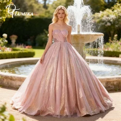 Pink Sequins Ball Gown Prom Dress with Tulle Off Shoulder Formal Dresses for Women Lace-up Back Sweet 15 16 Dresses Sparkle Gown
