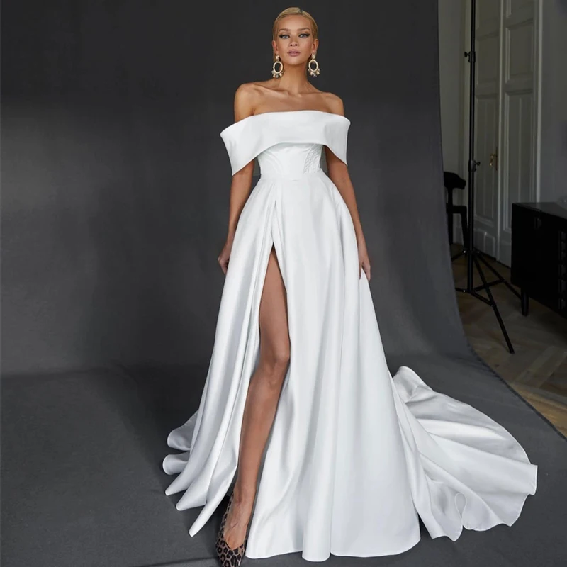 Eightree White A-Line Wedding Dresses 2023 Off The Shoulder Satin Evening Dress High Split Floor Length Wedding Gowns Plus Size