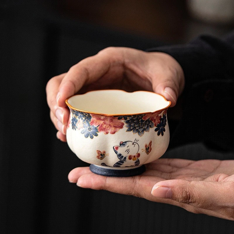 Handmade Rock Ore White Cat Tea Cup Master Porcelain Tasting Cup Kung Fu Tea Set Home Office Gift Box