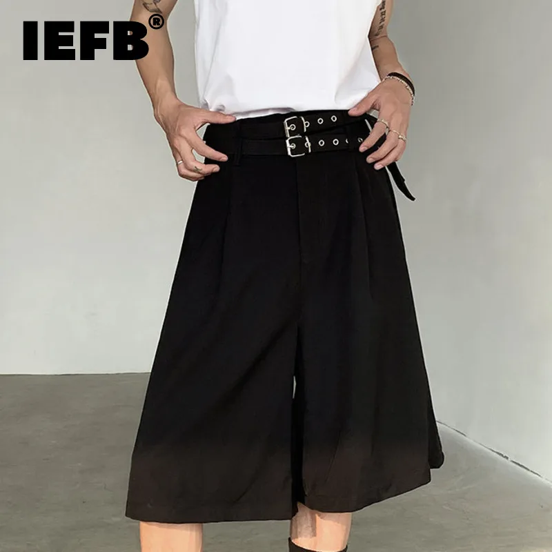 

IEFB 2024 Summer Men's Five-point Shorts Casual Straight Double Belt Design High-waisted Black New Male Clothing Wide Leg 9C5517