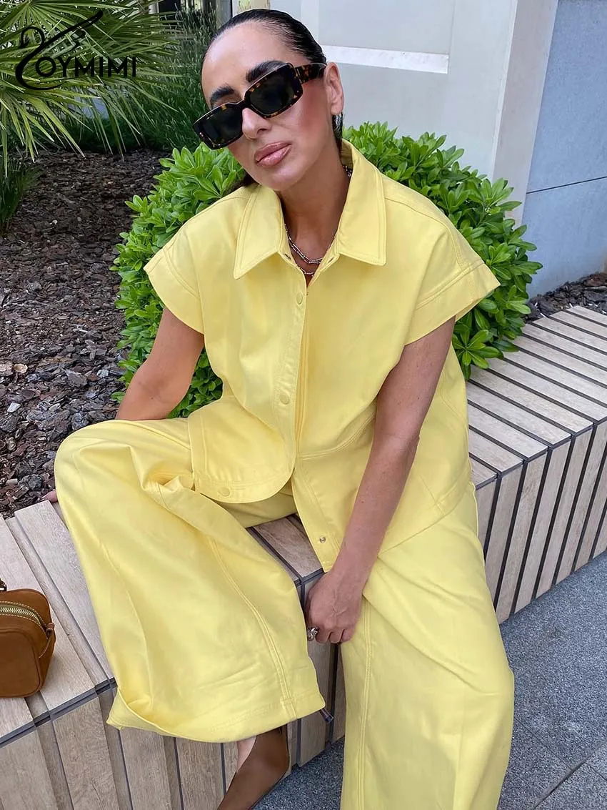 Oymimi Casual Yellow Cotton Woman 2 Piece Set Outfit Fashion Turn-Down Collar Short Sleeve Button Shirts And Straight Pants Sets