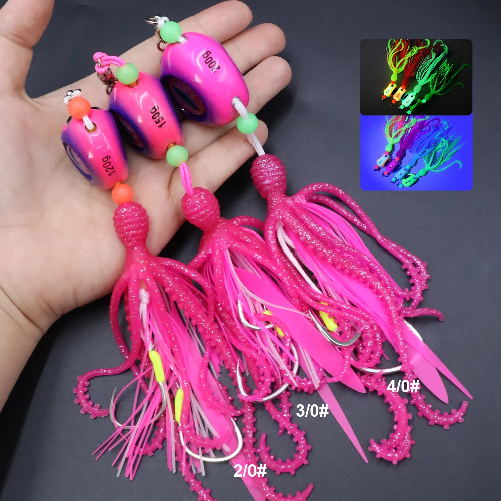 ZYZHE 1 Stück Meeresfischerei-Köder 120/150/200G Leuchtender JIG mit Weichem Oktopus-Köder Bootsfischen Schnurhaken Tiefsee-Angelköder – Detail 10