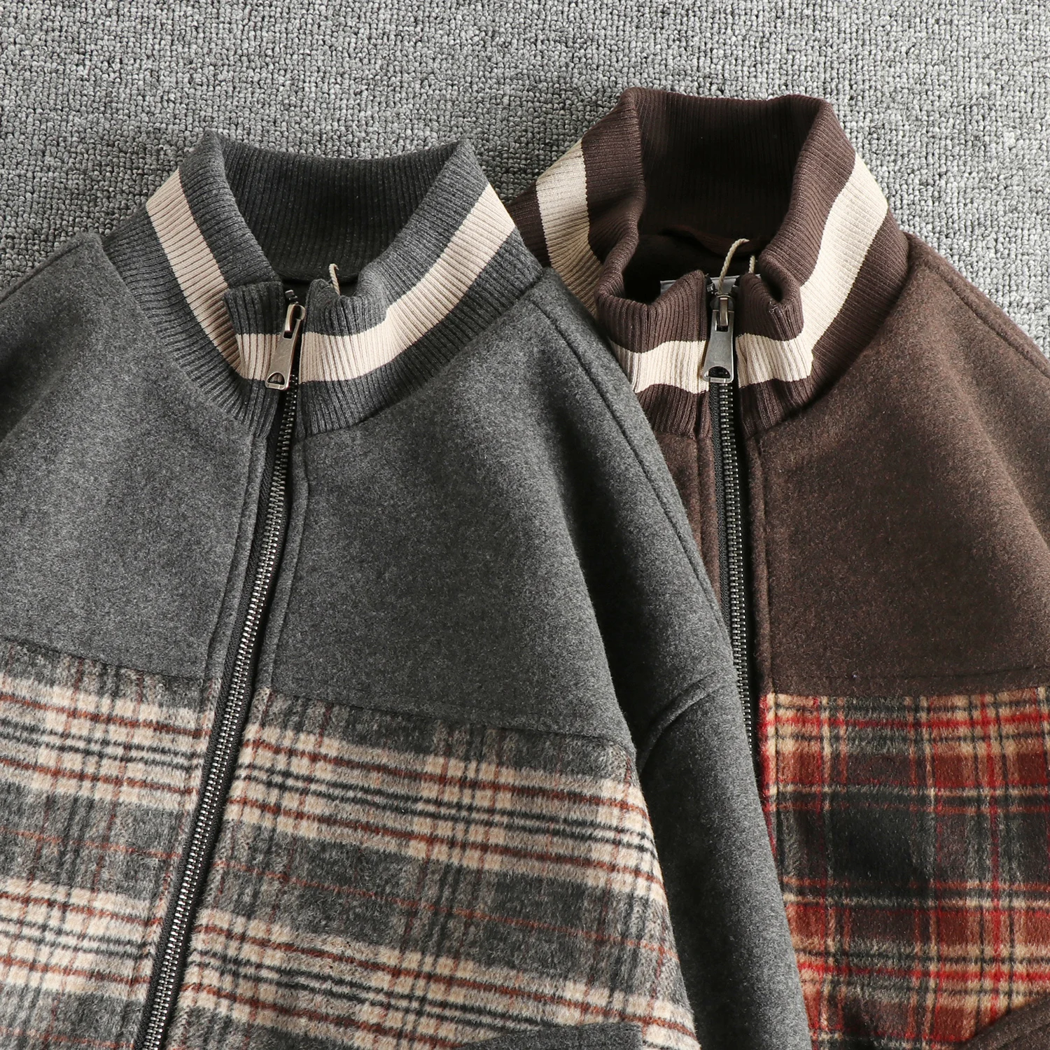 

Wool blended American casual retro plaid splicing men's stand collar jacket autumn and winter trendy versatile youth jacket