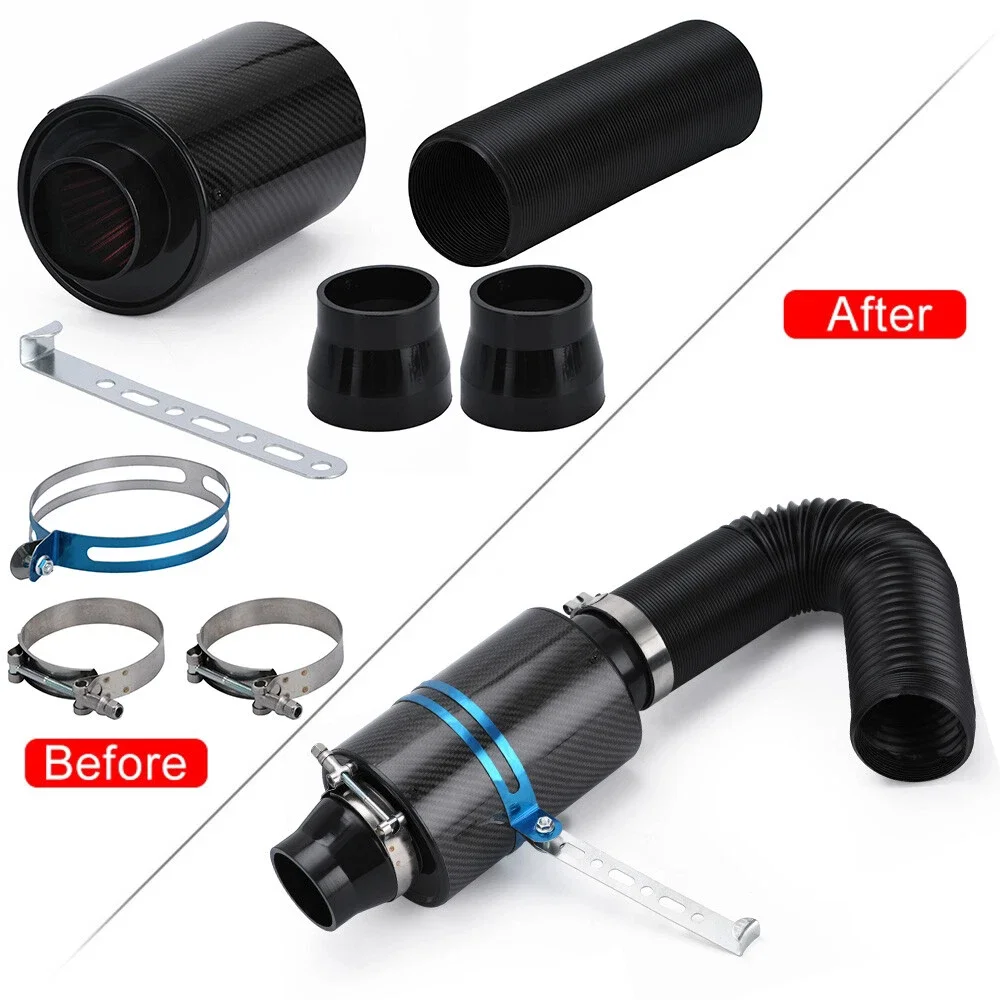 HOMEFISH Kit Universal de Filtro de Admisión de Aire Frío de Fibra de Carbono con Caja y Tubo de Inducción Cerrado para Coche, 1 Set