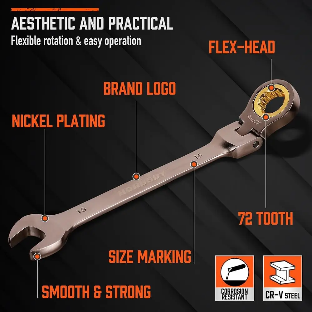 12-Piece Metric Flex-Head Ratcheting Wrench Set with Organizer | 8-19 mm Ratchet Combination Wrenches Set | 72-Teeth |Hot Sale image 5