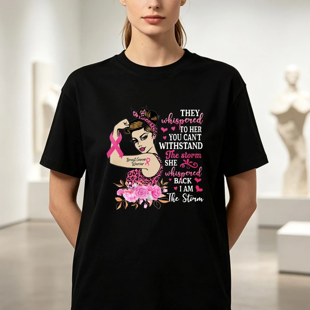Breast Cancer Warrior Pink Ribbon Shirt I'm The Storm Strong Women Tees Cancer Support Cotton T-Shirt Breast Cancer Month Gift
