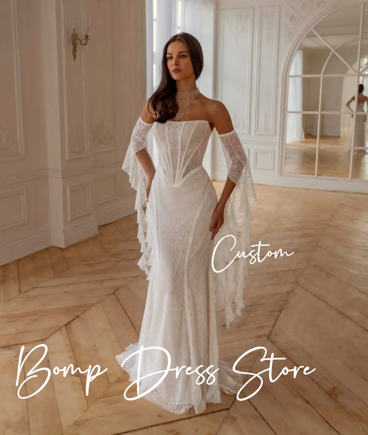 ชุดแต่งงานวินเทจทรงเมอร์เมด BOMP แบบสั่งตัด แขนถอดได้ ผ้าลูกไม้ พร้อมชายกระโปรงยาวแบบ Sweep Train และโครงรัดตัว