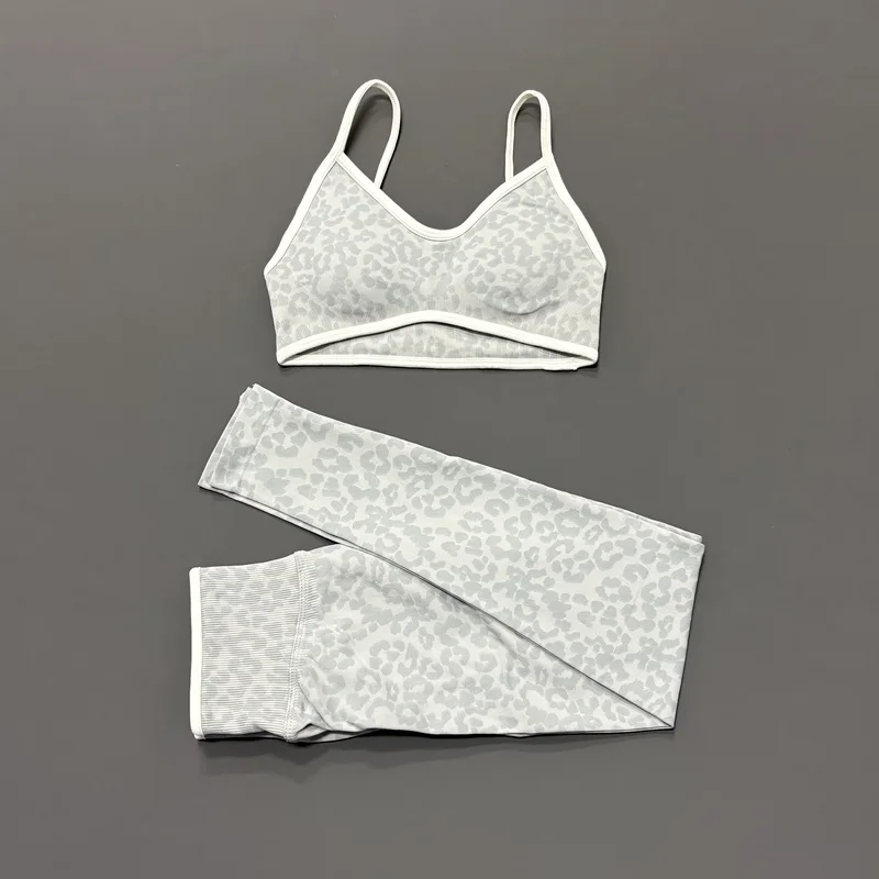 2 Pcs Fitness Sets Women Leopard Print Contrast Edge Removable Pad Bra Breathable Squat Proof Pants Suit Sports Workout Set