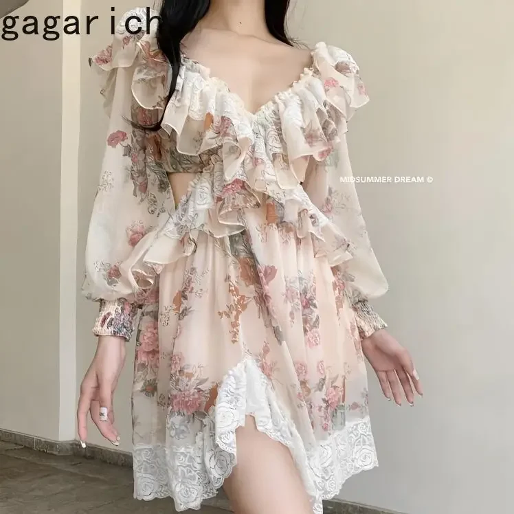 Gagarich Gentle Floral Print Lace Ruffles Splicing Hollow Out Dress Woman Elegant V-neck Puff Sleeve Back Tie Bow A-line Dresses