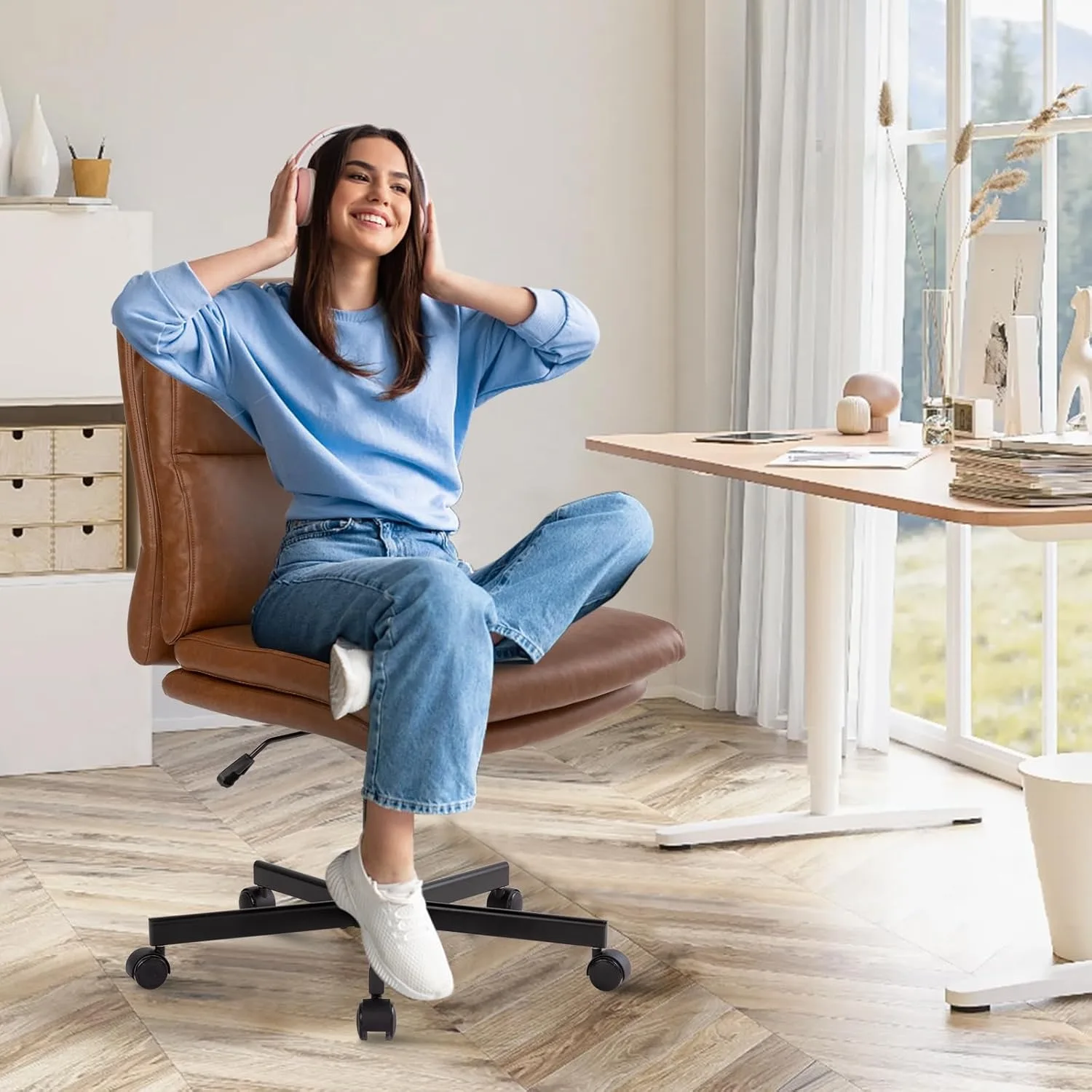 Chaise de bureau sans accoudoirs avec roulettes, chaise de travail à coussin croisé à dossier moyen, chaise réglable, chaises en cuir PU à double rembourrage