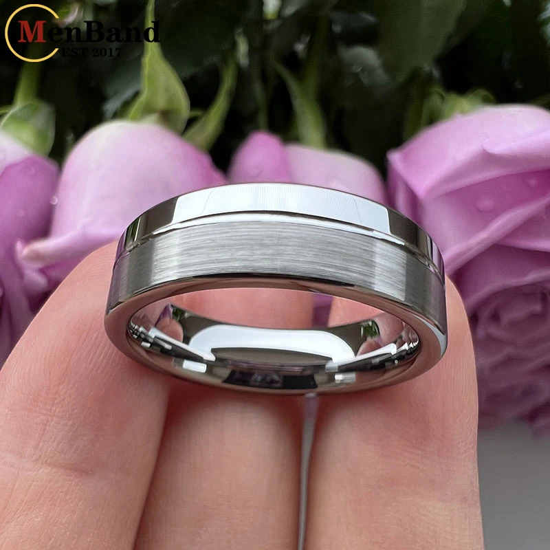 Anillos de carburo de tungsteno para hombres y mujeres, banda de boda, ranura Offset, acabado cepillado pulido, ajuste cómodo, 6MM, 8MM