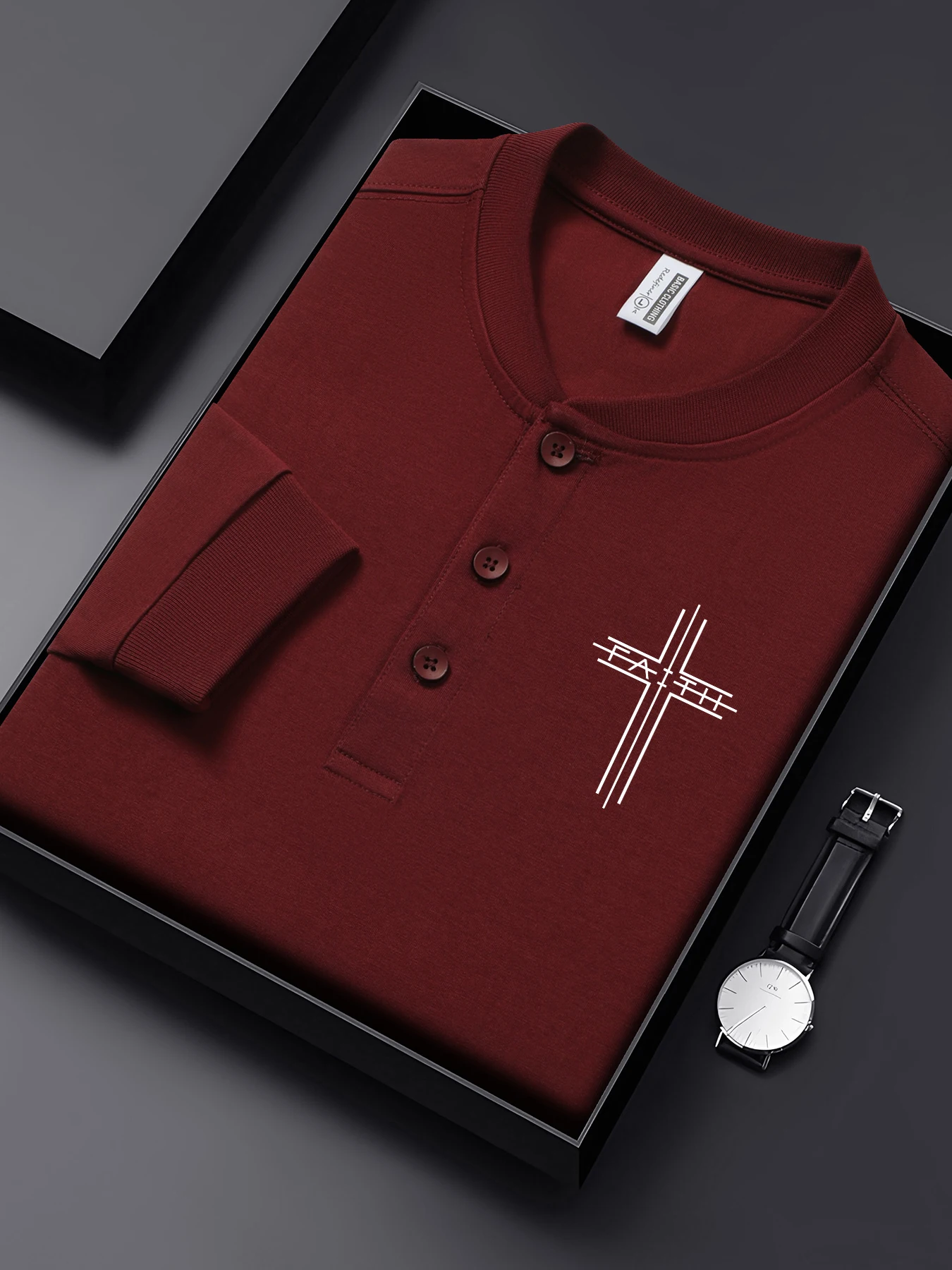 

Cross Faith Simple Print Basic Henley Shirt Men Autumn Cotton T Shirts All-Match Casual Clothing Henry Neck Man Streetwear