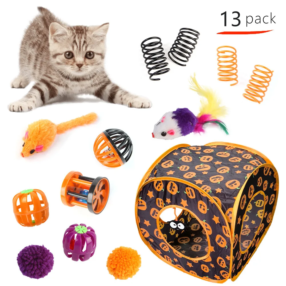 New Halloween Cat Aisle Toy Set Interactive Dog Toy Spring Ball Christmas Gift Photo Prop Cat Tunnel Tower Cat Teaser