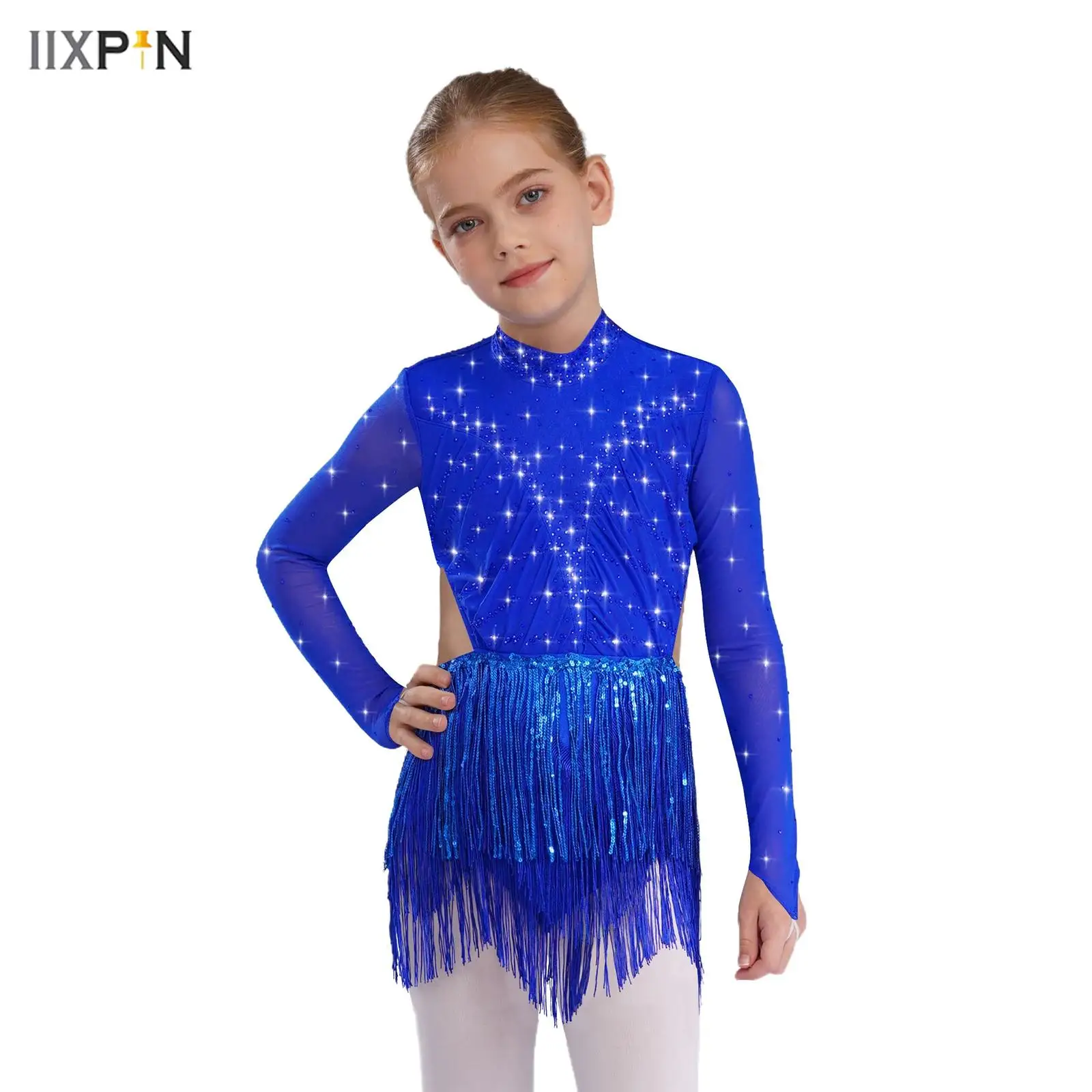 

Kids Girls Sequins Tassels Latin Dance Leotard Dress Long Sleeve Backless Shiny Rhinestones Bodysuit for Performance Competition