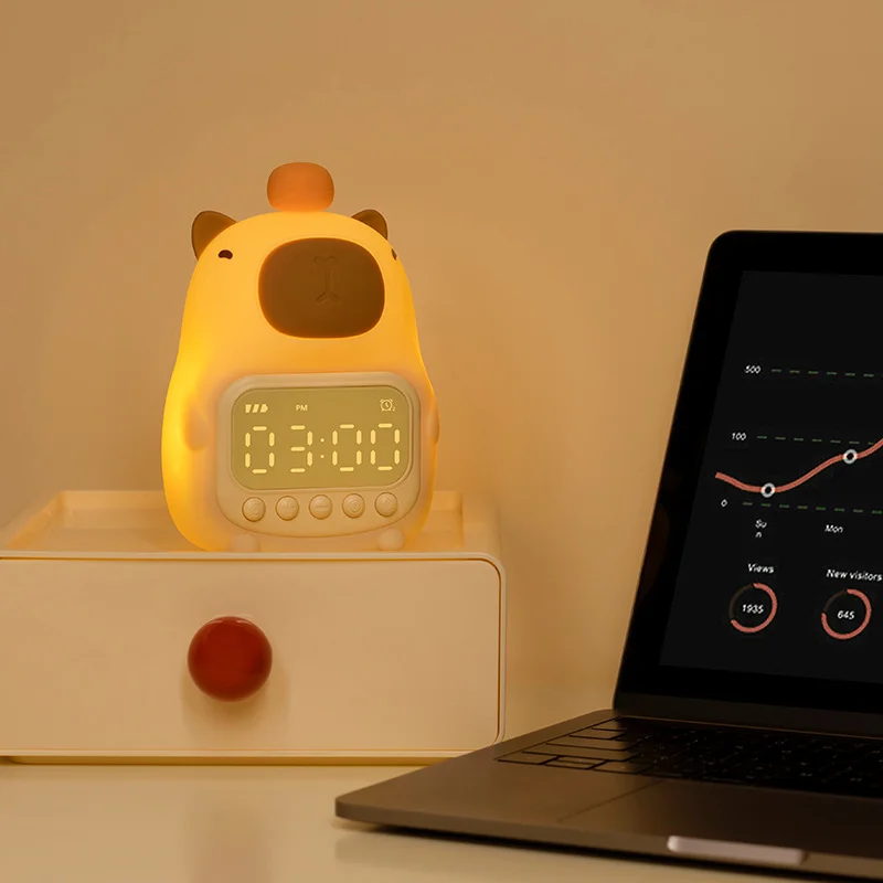 Cute Cartoon Capybara Silicone Night Light Rechargeable Digital Alarm Clock Led Night Lamp Touch Snooze Always-on Table Clock