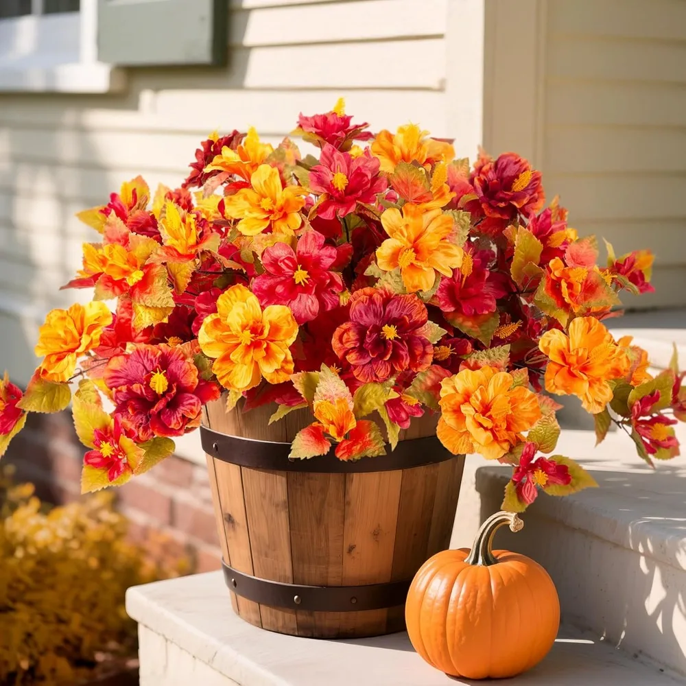 

Fake Fall Flowers Artificial for Outdoors Decoration 2PCS Faux Orange Flowers for Outdoor Planters Outside Hibiscus Flower Fall