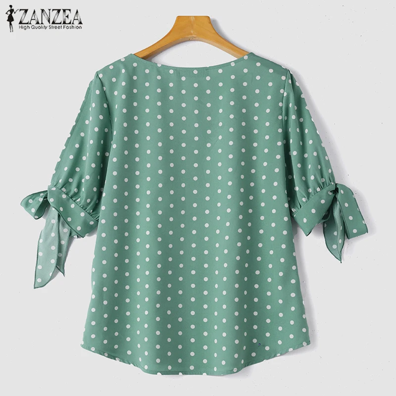 ZANZEA Damenmode Polka Dot Blusen O-Ausschnitt Gebundene Schlitzmanschetten Halbarm Elegante Tops Sommer Casual Alltagskleidung Blusas Mujer – Detail 13