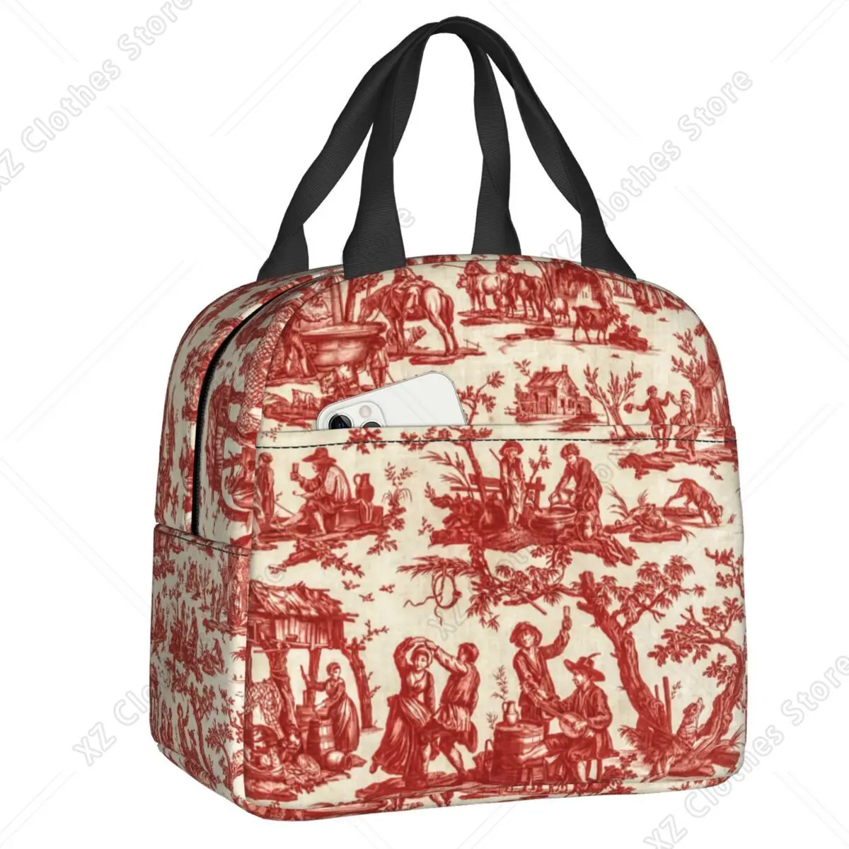 bolsas-termicas-personalizadas-com-padrao-toile-de-jouy-vermelho-para-mulheres-cooler-termico-portatil-para-almoco-trabalho-escola-e-viagens