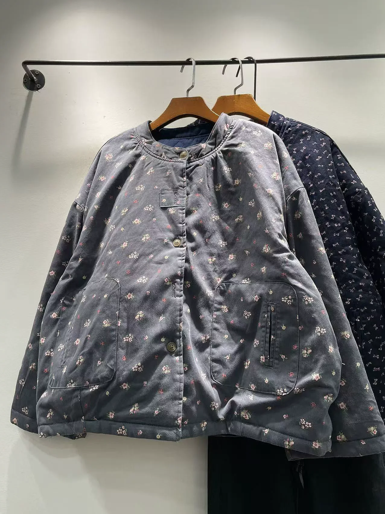 

Women's autumn jacket Japanese vintage gray blue print cotton padded jacket for women brand quilted jacket middle-aged women coa