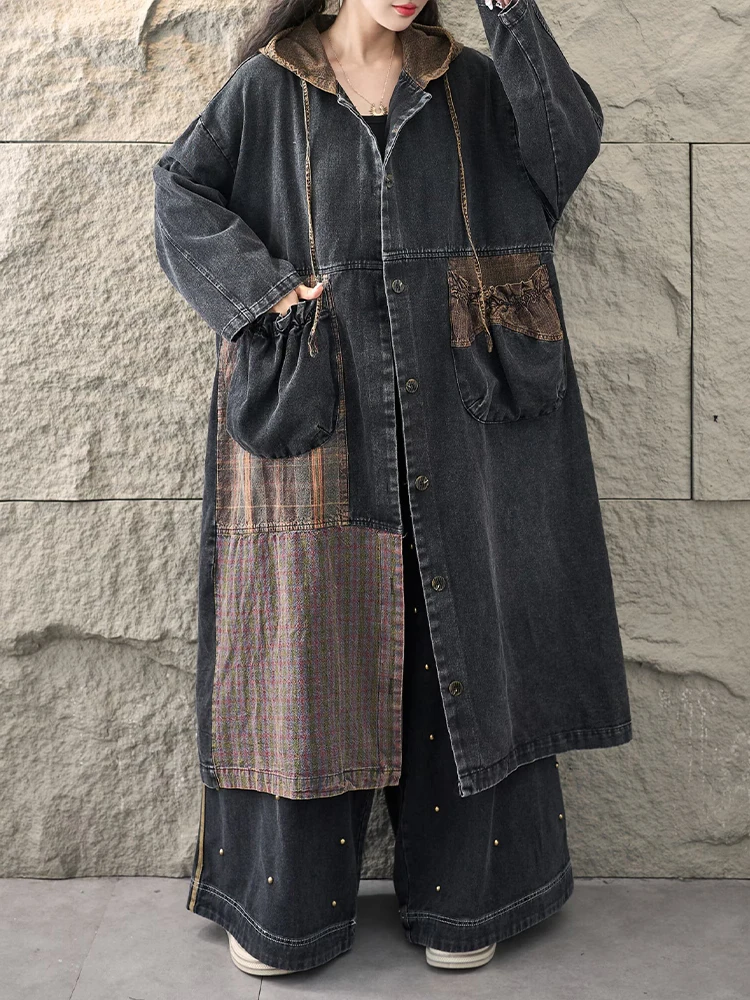 Amax LuluE Fall Streetwear Women Vintage Denim Trench Loose Casual Hooded Coats Fashion Classic Oversized Patchwork Windbreakers