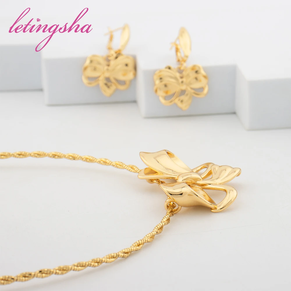 Luxus elegante Bowknot Design Schmuck Set Frauen afrikanischen Dubai Gold Farbe Mode Halskette Ohrringe Set für anmutige Damen Geschenk – Detail 11