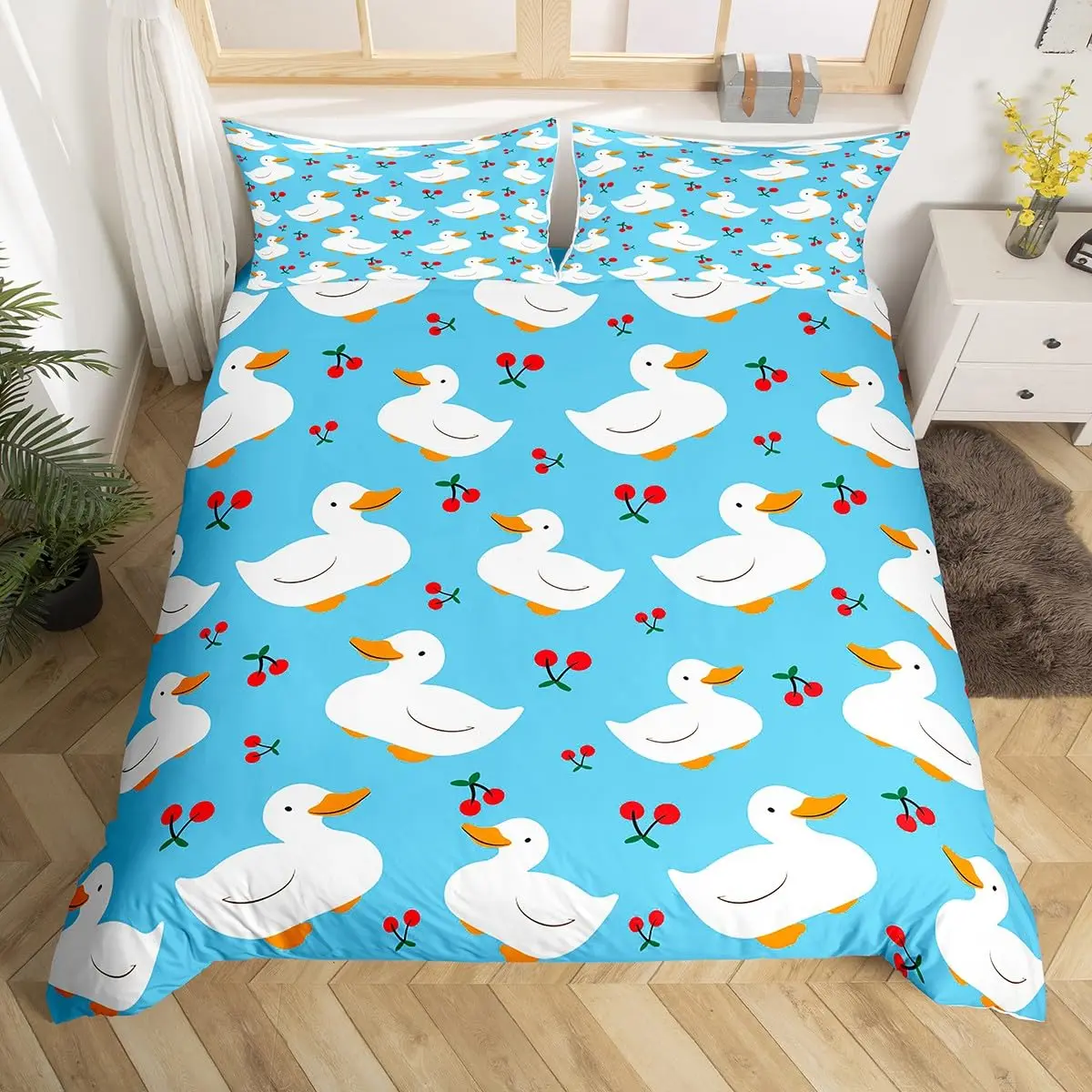 Cartoon Duck Duvet Cover King Queen Size Kids Kawaii Farmhouse Animal Goose Bedding Set Floral Flower Home Decor Comforter Cover