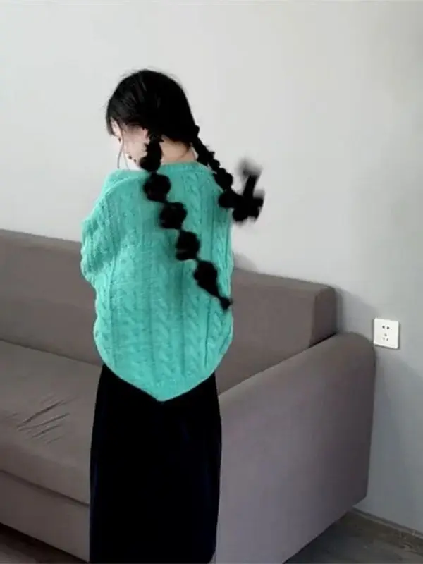 En محبوك سترة المرأة فضفاضة تناسب طويلة Sve جولة Ne البلوز Dopne Faion الكورية Sle الخريف الشتاء الملابس