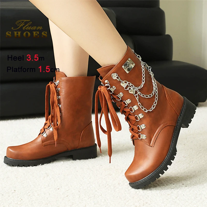 

Chain Style Short Boots Punk New Rock 3.5CM High Heels Lace-up Ankle Boots For Women's Anti-Slip Thick Sole Retro Winter Shoes