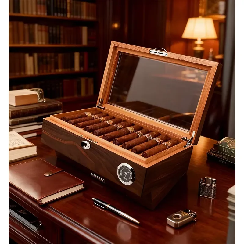 Natural Cedar Wood Cigar Humidor with Hygrometer and Key for Monitoring Condition Anytime to Keep Cigars Fresh