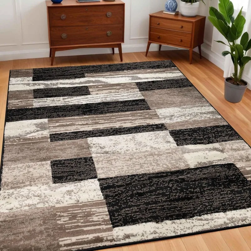 Superior Indoor Area Rug, Plush Carpet Cover, for Dining, Bedroom, Office, Kitchen, Modern Geometric Patchwork