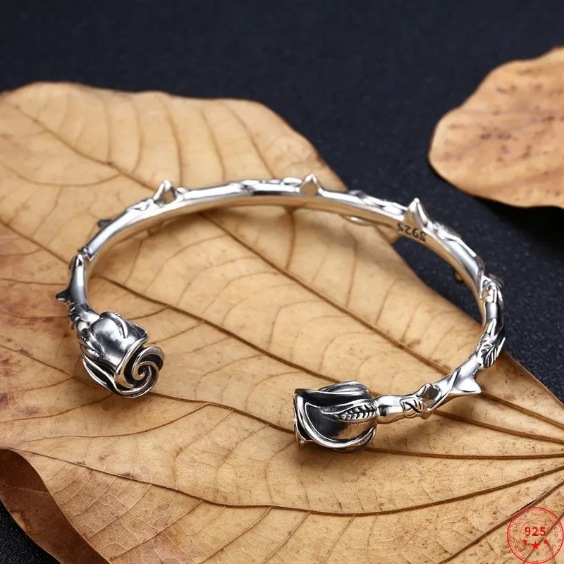 Genuine S925 Sterling Silver Bracelets for Women Retro Emboss Thorny Roses Bangle Argentum Punk Fashion Jewelry Wholesale