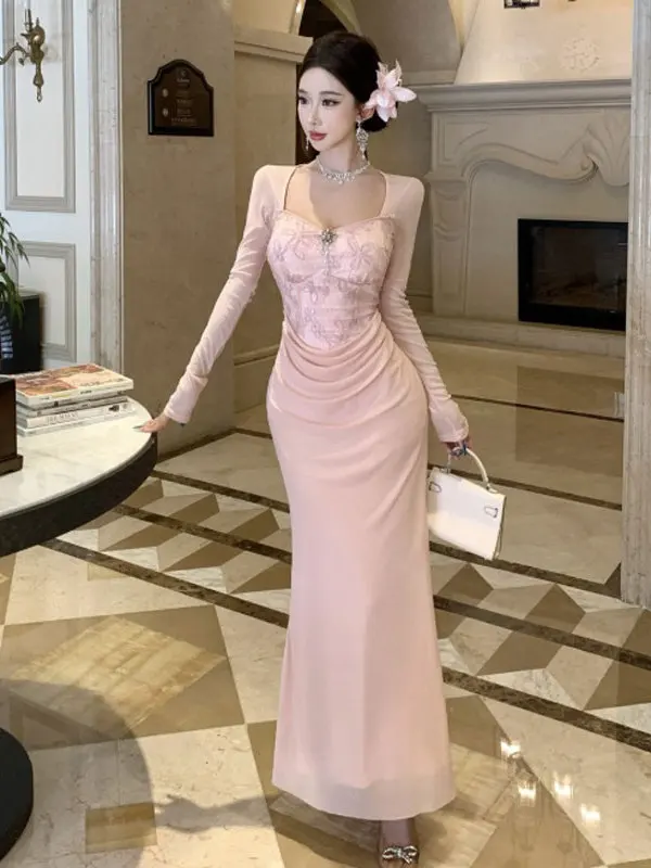 

Elegant A-Line Long Dress Bodycon Silhouette Soft Style Fashionable Spring 2026 Women's High Waist Polyester Fiber Dress