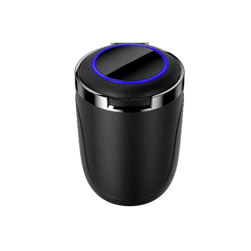 PU Leather Car Ashtray with Lid Smell Proof Stainless Steel Blue Led Portable Ashtray Cup for Auto Fireproof Shell