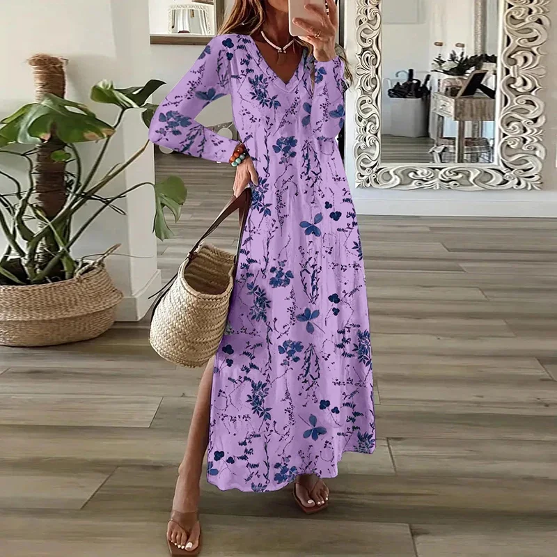 Fall Elegant Fashion Women Long Sleeve Party Dresses Vintage Floral Print Slit Dress Casual  V-Neck Sexy Female Dress Vestido