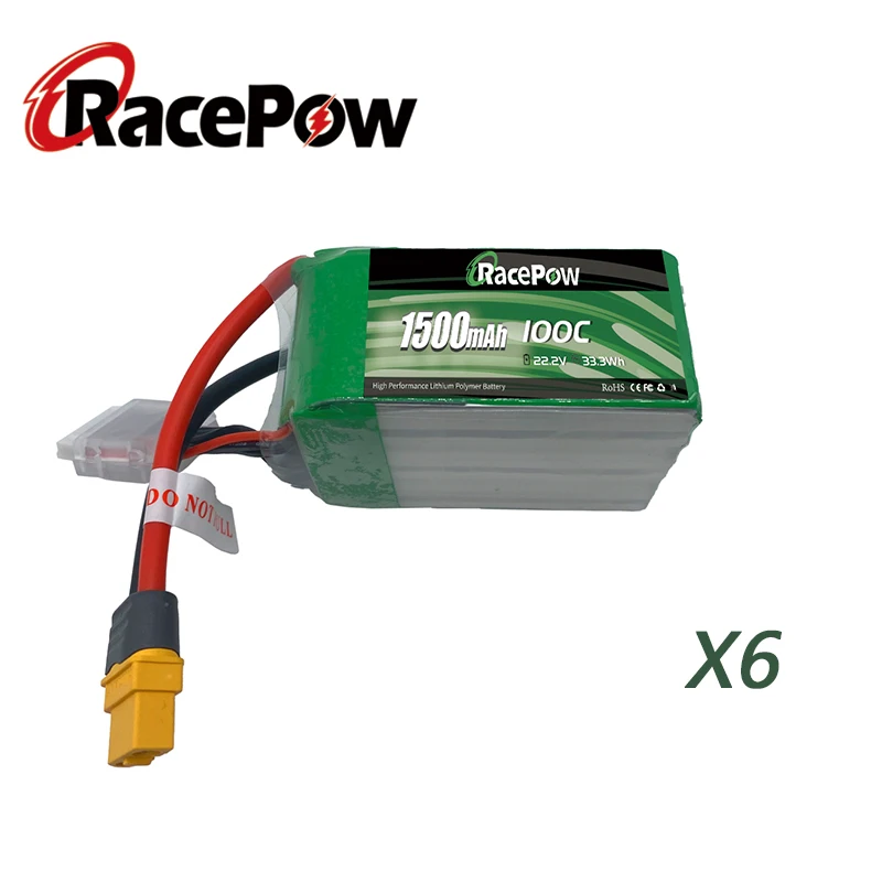 RacePow 1500mAh 22.2V 6S 100C RC Lipo Battery with XT60 Plug for FPV Racing Drone Quadcopter Vortex LRC Freestyle V1 6pcs