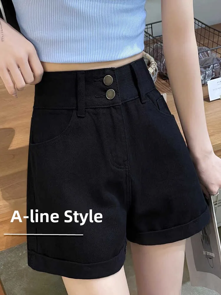 

High Waist Double Buckle Black Denim Shorts Women's Loose Slimming Cuffed A-Line Wide Leg Hot Pants High Waist Shorts