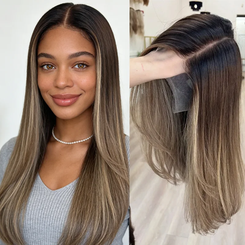 

Блонд-парик без клея, маленький/большой размер, омбре, коричнево-блонд, с кружевной передней частью, модный прямой парик 13x4, синтетический, с центральной частью, 20 дюймов