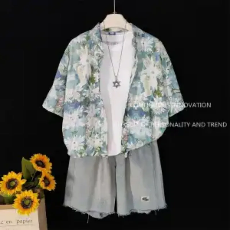 

Men's 3 Piece Set Ins Style Floral Print Short Sleeve Shirt Tank Top Denim Shorts Outfit