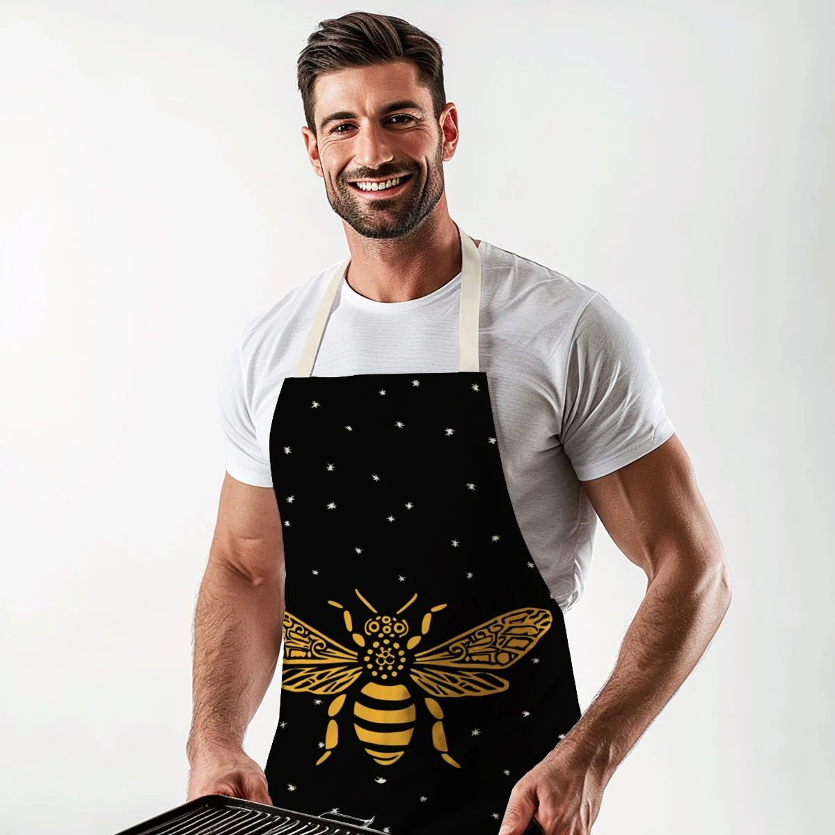 

Royal Bee Pattern Polyester Apron - Stylist Cooking Baking Apron, Fashionable Kitchen Polyester For Home Art Studio Use