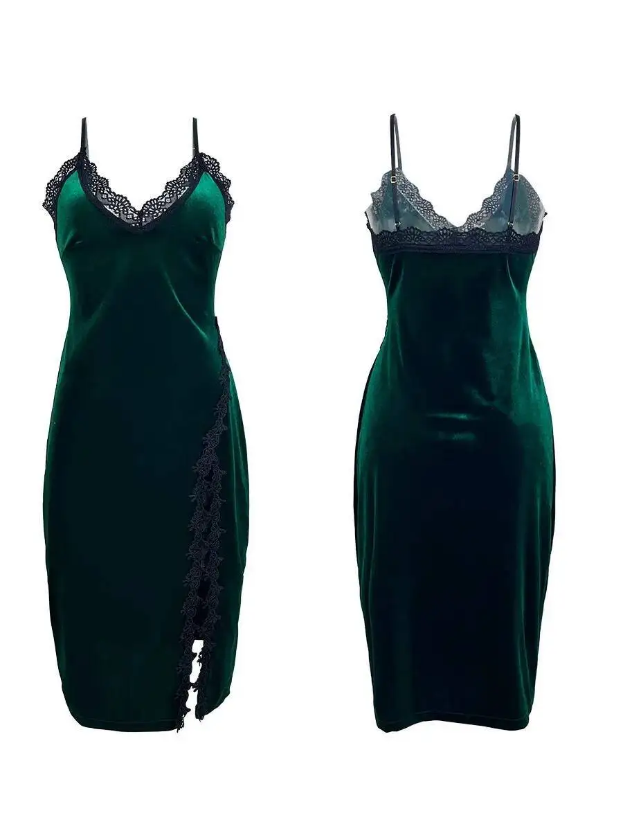 섹시한 벨벳 레이스 패치워크 캐미솔 나이트드레스 여성용 슬릿 롱 홈웨어 캐주얼 퓨어 디자이어 엘레강트 스타일 드레스 T4U7